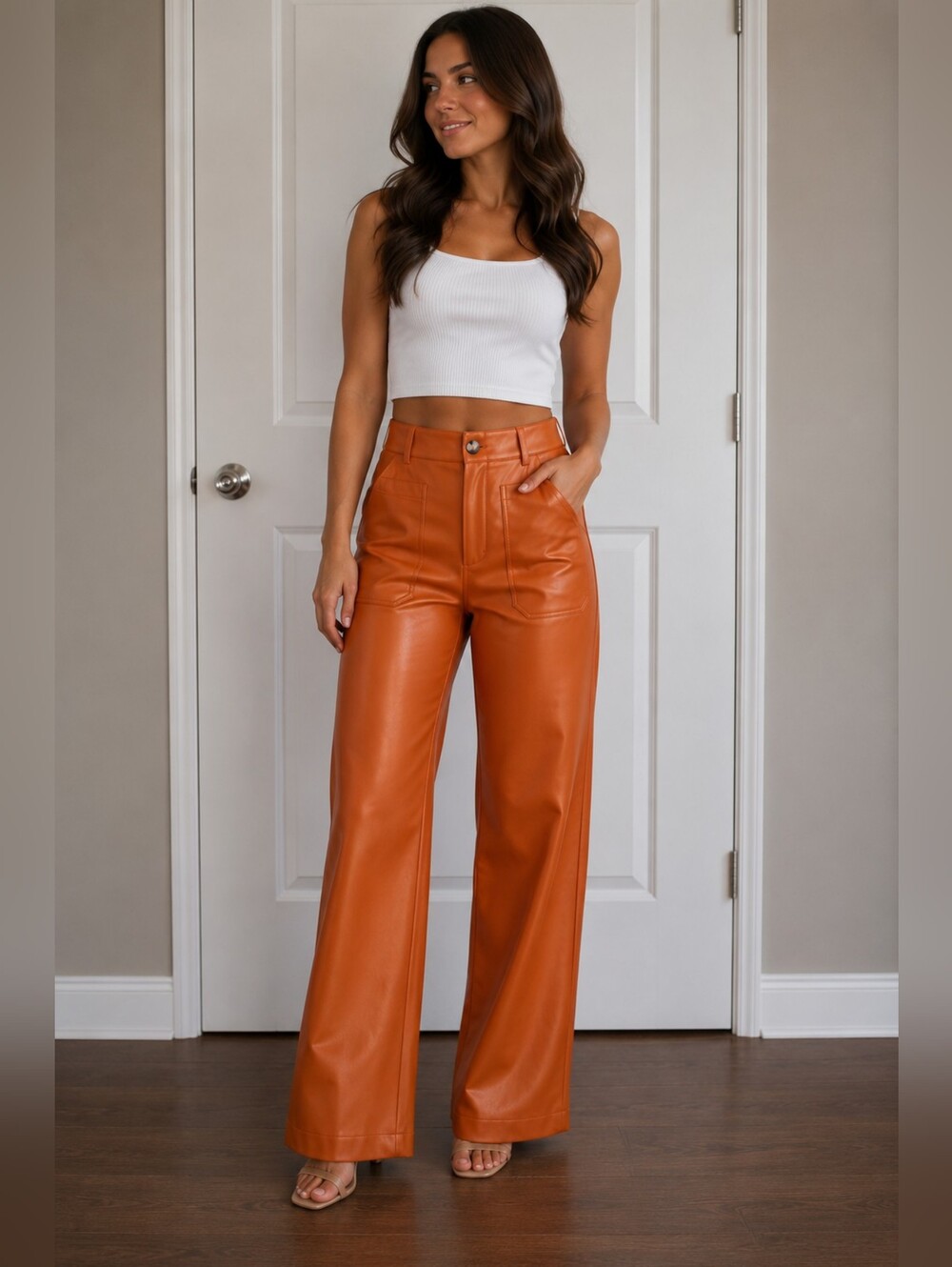 Maeve Anthropologie The Colette Faux Leather Wide Leg Pants 28T Orange Tall